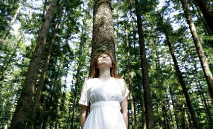 A woman in a forest